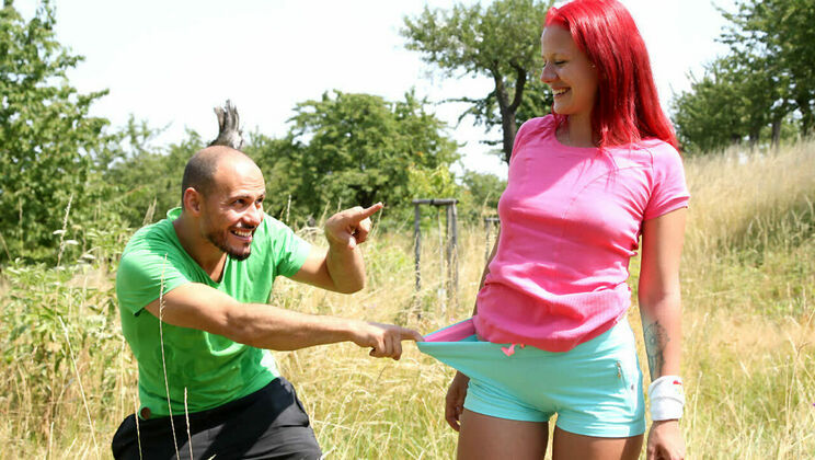 Public Sex with Shaved Pussy Redhead