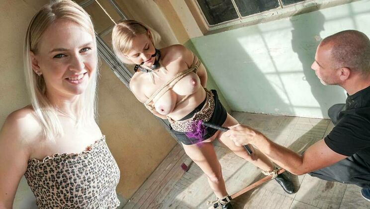 Blonde bombshell Kirsty Waterfall in shackles